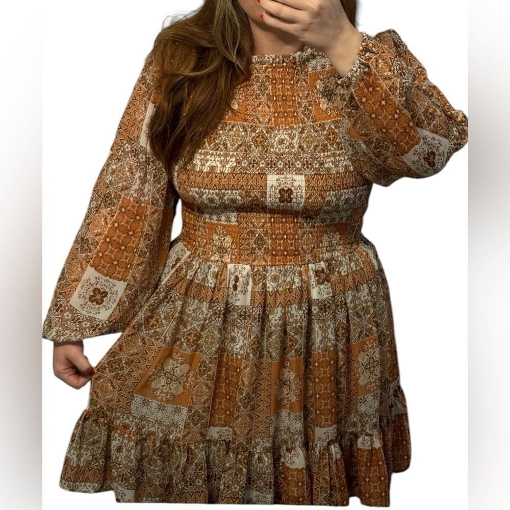 Versona Long Sleeve Tiered Patchwork Dress in Rust and Cream